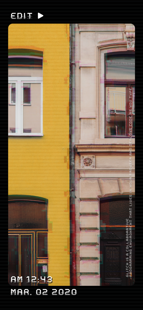 Dazz Cam photo editor showing a building with retro VHS glitch effects and timestamp