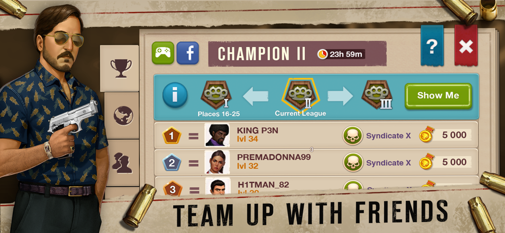 Leaderboard interface for the Champion II league in Narcos Cartel Wars showing top player rankings and a character holding a handgun.