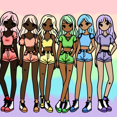a group of girls wearing crop tops and shorts