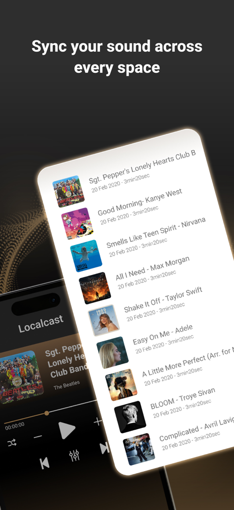 Interface of the Smart Speaker Equalizer Remote app showing a local music playlist and the text Sync your sound across every space