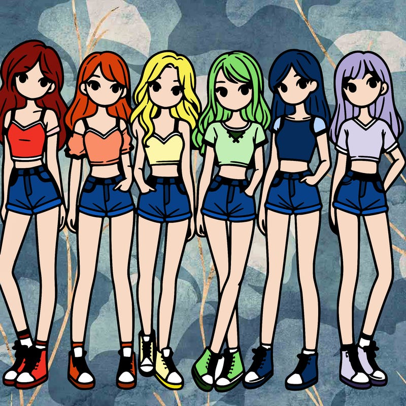 a group of girls wearing crop tops and shorts