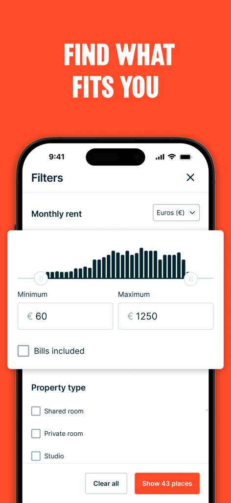 HousingAnywhere app interface showing search filters for monthly rent and property types.