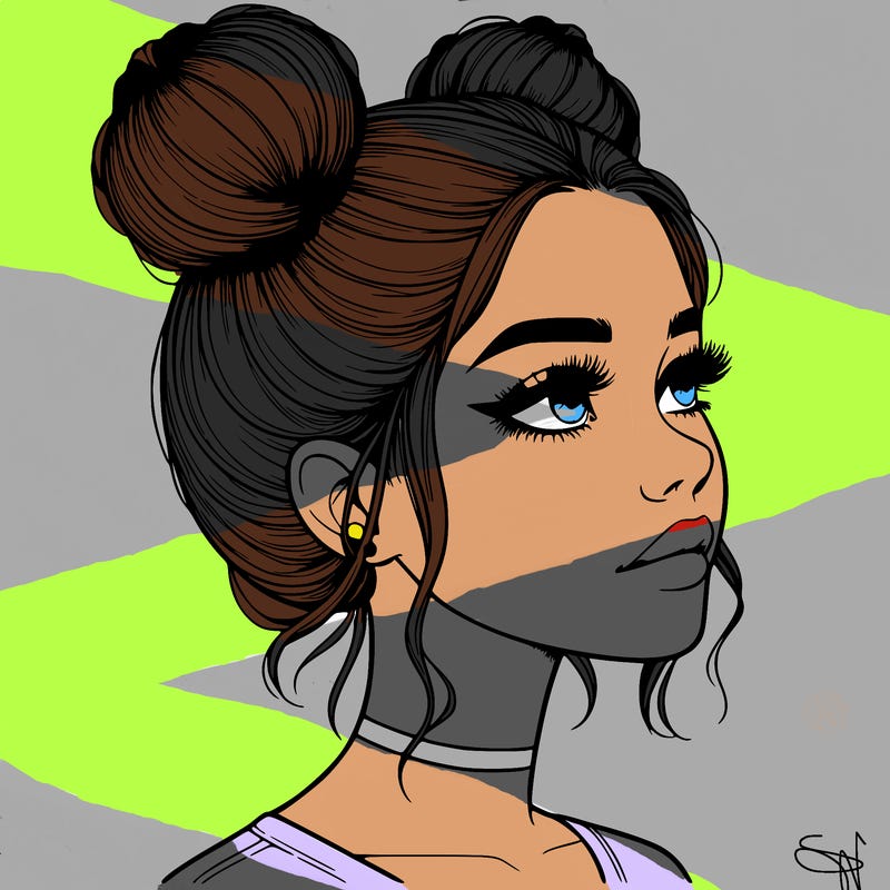 realistic girl with buns on the top of her head