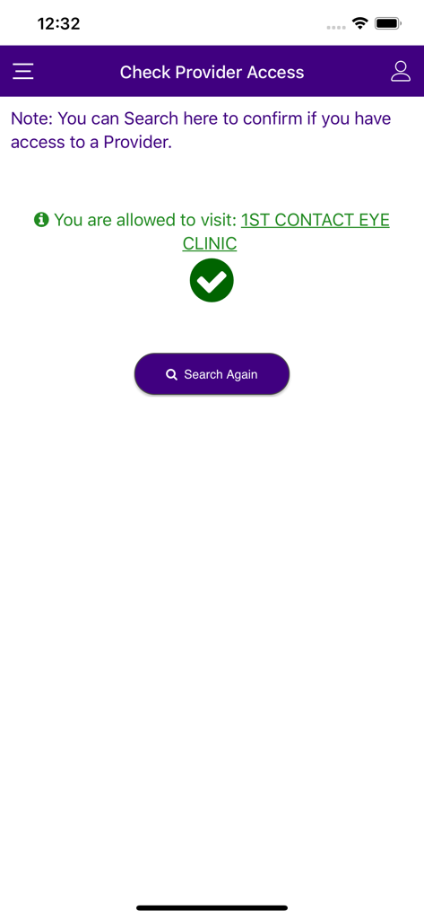 Interfaccia dell'app Prohealth che mostra un segno di spunta verde che conferma che l'utente ha accesso a una specifica clinica oculistica.