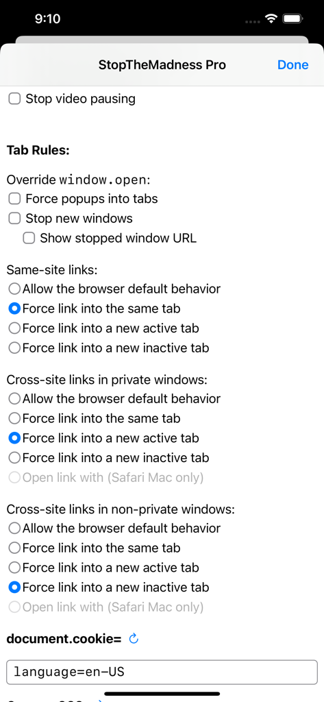 Screenshot of StopTheMadness Pro app showing tab rules and link behavior settings for privacy and control