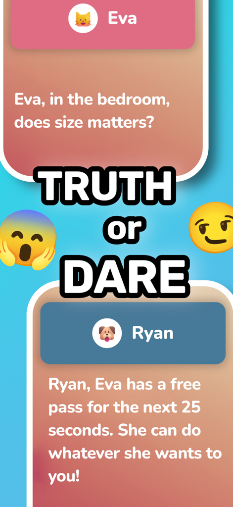 9 Games for Couples or Dates - Pantalla del juego de Verdadero o Reto de la app de parejas Pulse que muestra preguntas y retos personalizados para los miembros de la pareja