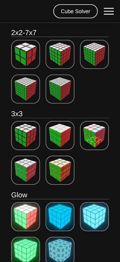 2x2부터 7x7까지 다양한 큐브 크기와 글로우 스킨을 보여주는 매직큐브 컬렉션의 선택 화면