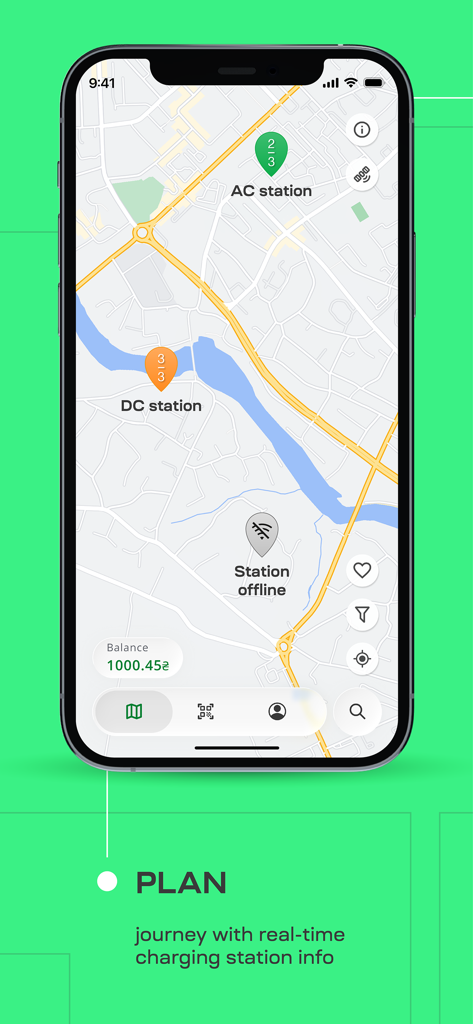 ECOFACTOR EV Charging - Mobile app map showing EV charging stations and real time availability