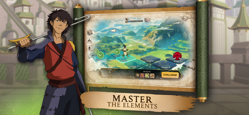 Un écran de jeu Avatar Realms Collide montrant un personnage et une carte de niveau sur un parchemin