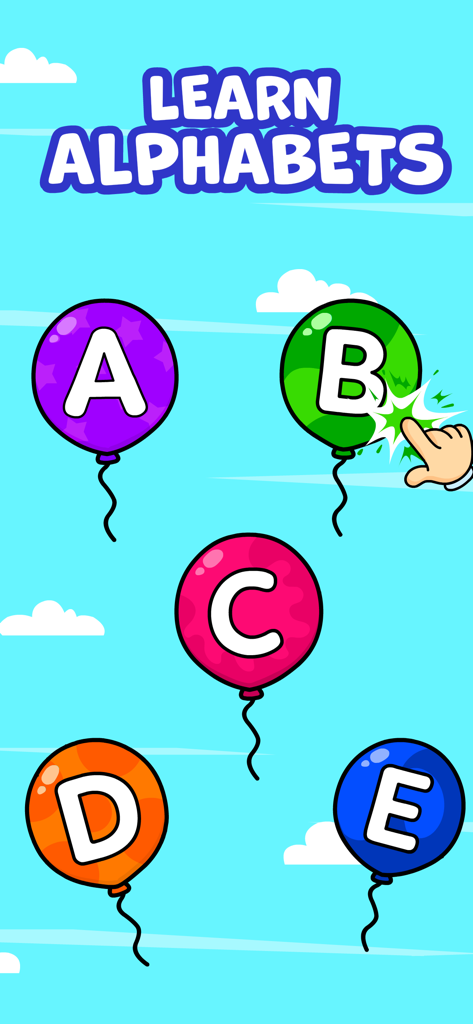 A educational game screen for toddlers showing colorful balloons with letters A through E to help kids learn the alphabet by popping them