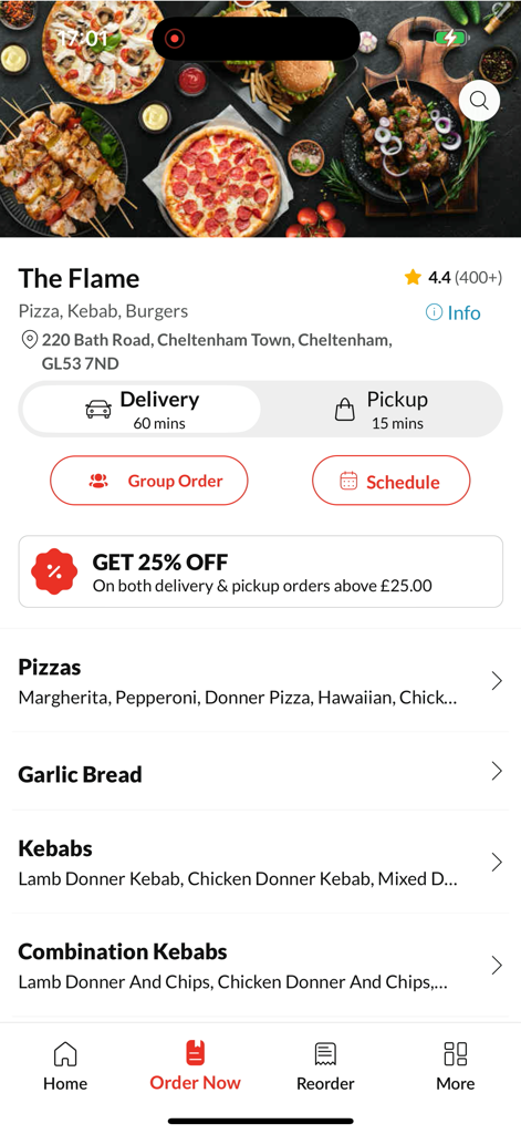 The Flame - Interface of The Flame food ordering app showing menu categories and delivery options