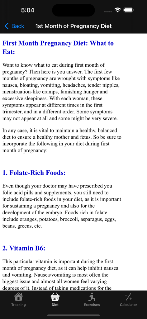 Pregnancy tracker & calculator - Mobile app screen displaying nutrition advice and folate-rich foods for the first month of pregnancy.