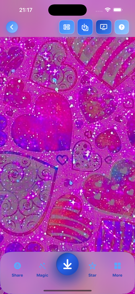 Glitter Pink Wallpapers HD - Anteprima di uno sfondo glitter rosa con vari design a forma di cuore all'interno di un'interfaccia di app mobile.