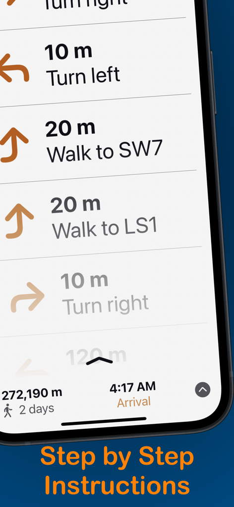 CampusNav - College Navigation - A mobile interface showing step by step walking navigation instructions with distance and time indicators