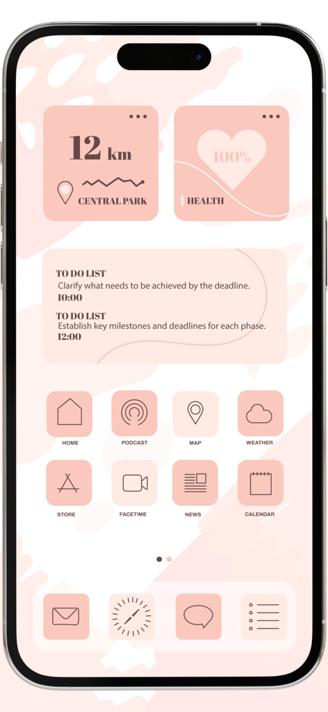 Icon, Widgets & Themes - A soft pink aesthetic iPhone home screen setup with custom icons and widgets