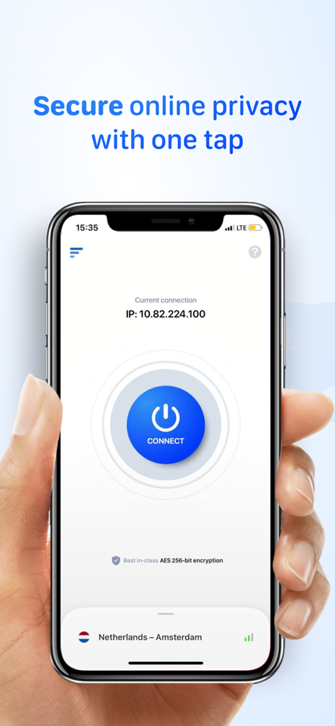 Among VPN - Hotspot Shield - Smartphone screen displaying the Among VPN app with a large blue connect button and privacy protection text