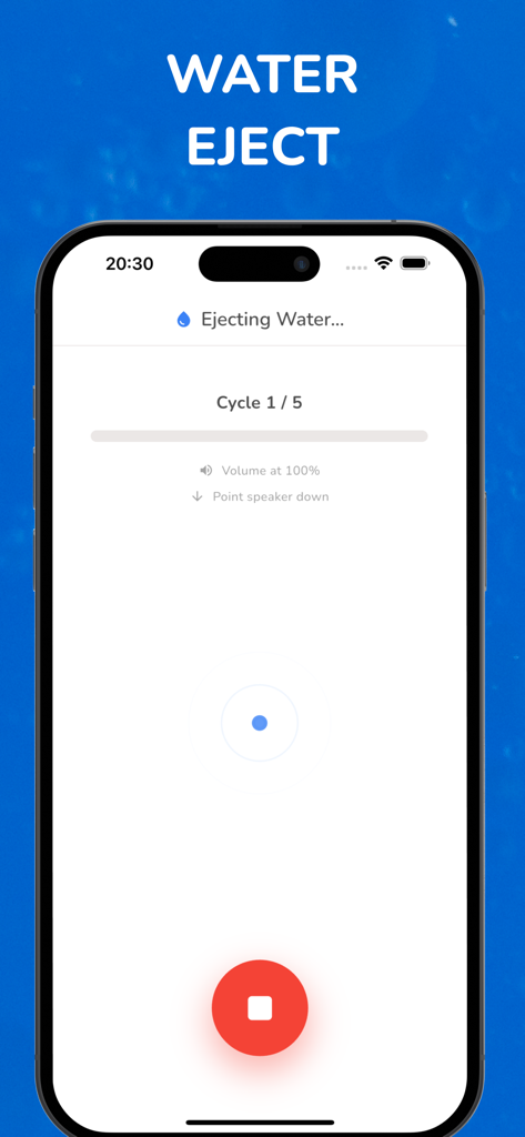 Clean Water: Clear Water Eject - Interface of the Water Eject app showing an active water removal cycle from an iPhone speaker.