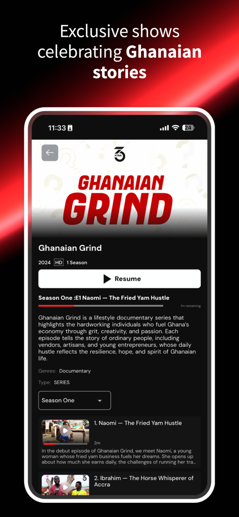 Screenshot of the adesa plus app showing the documentary series Ghanaian Grind.