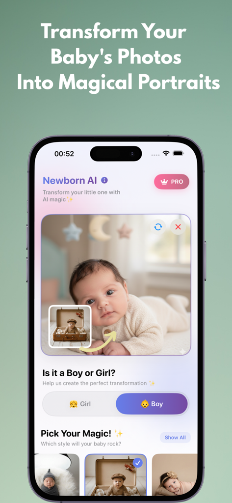 Newborn AI: Baby Photo Studio - Smartphone screen showing the Newborn AI app interface for transforming baby photos into studio quality portraits