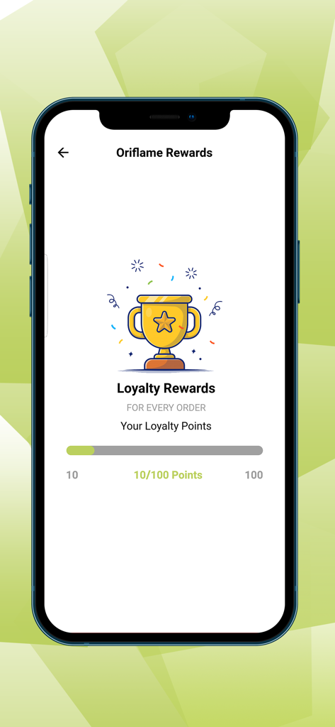 Oriflame Nepal - Oriflame Nepal app screen showing loyalty rewards program with a trophy icon and earned points progress bar.