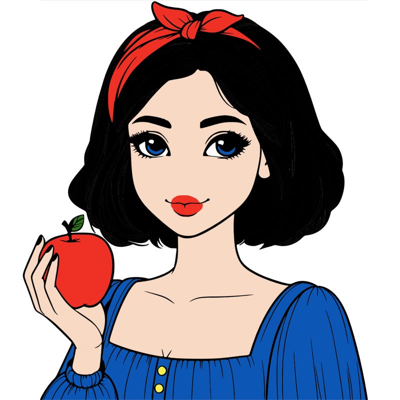 a woman with medium short hair, wearing a headband with a small bow, carrying an apple in her hand, realistic