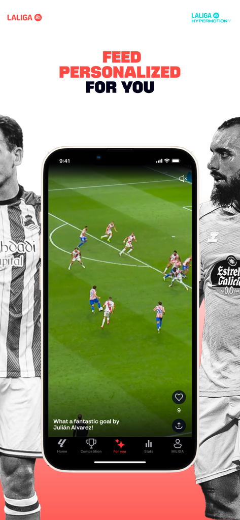 Smartphone displaying a vertical video of a soccer goal in the LALIGA Official App personalized feed section