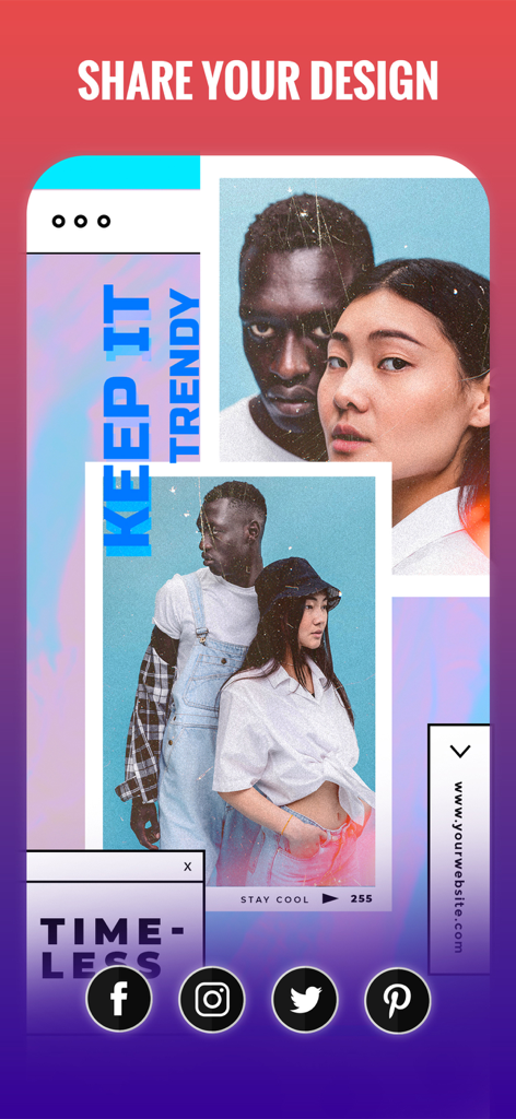 Eine Collage trendiger Posterdesigns in der App-Oberfläche mit Optionen zum Teilen in sozialen Medien.