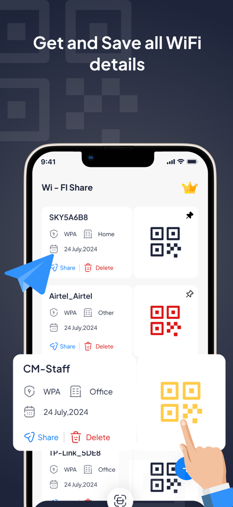 WiFi QR Code & Barcode Scanner - Dashboard che mostra le reti Wi-Fi salvate con i rispettivi codici QR per una facile condivisione