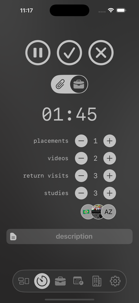 JW Service - A mobile interface for the JW Service app showing a timer and counters for tracking ministry placements, videos, return visits, and Bible studies in dark mode.