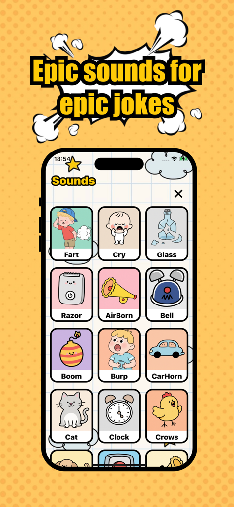 Prank Party : sounds  & call - Interface of the Prank Party app showing a grid of humorous sound effects like fart, air horn, and burp with cartoon icons.