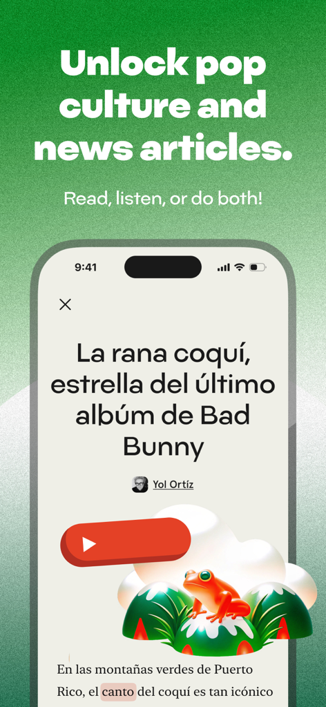 Unedo: Spanish Games + Stories - A Spanish language news article about Bad Bunny and the Puerto Rican coqui frog in the Unedo app.