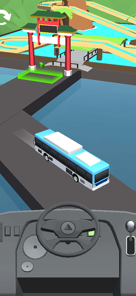 A blue bus driving towards a green parking zone under a red torii gate in a 3D simulation game.