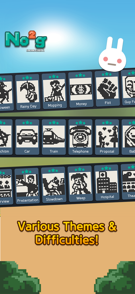 Schermata dell'app No2g Nonogram che mostra vari temi di puzzle pixel art e stelle di completamento