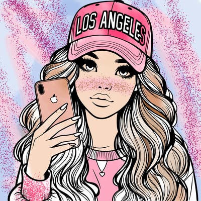 realistic beautiful girl wearing los ángeles cap holding an iphone
