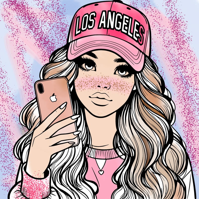 realistic beautiful girl wearing los ángeles cap holding an iphone
