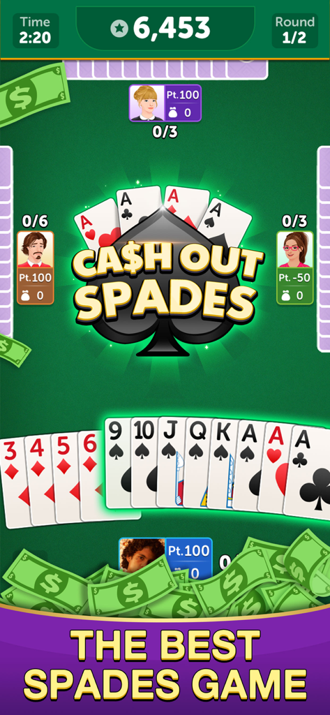 Spades Cash 2: Real Money Game - Mobile interface of Spades Cash game showing a hand of cards and competitive player scores