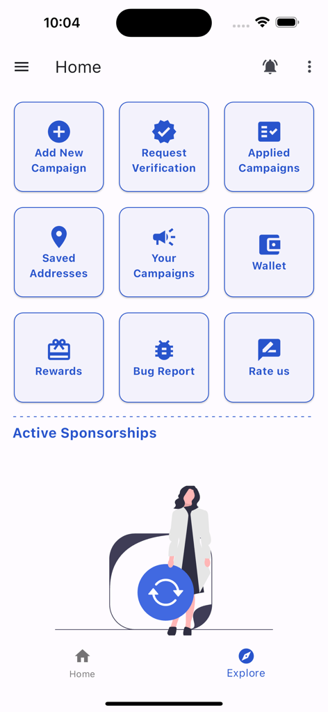 Sponso® - Creator Sponsorships - Home screen of the Sponso app for creators showing campaign management, verification requests, and wallet options
