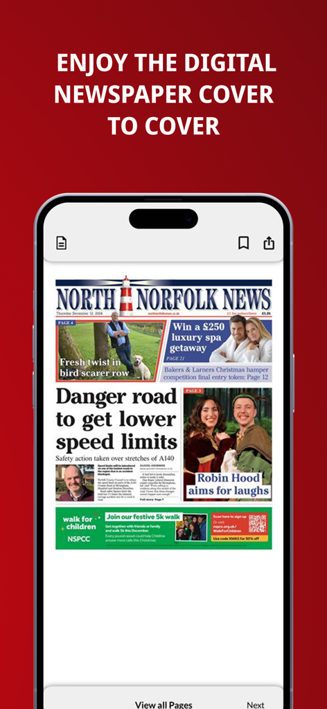 North Norfolk News - Smartphone displaying a digital replica edition of the North Norfolk News local newspaper.