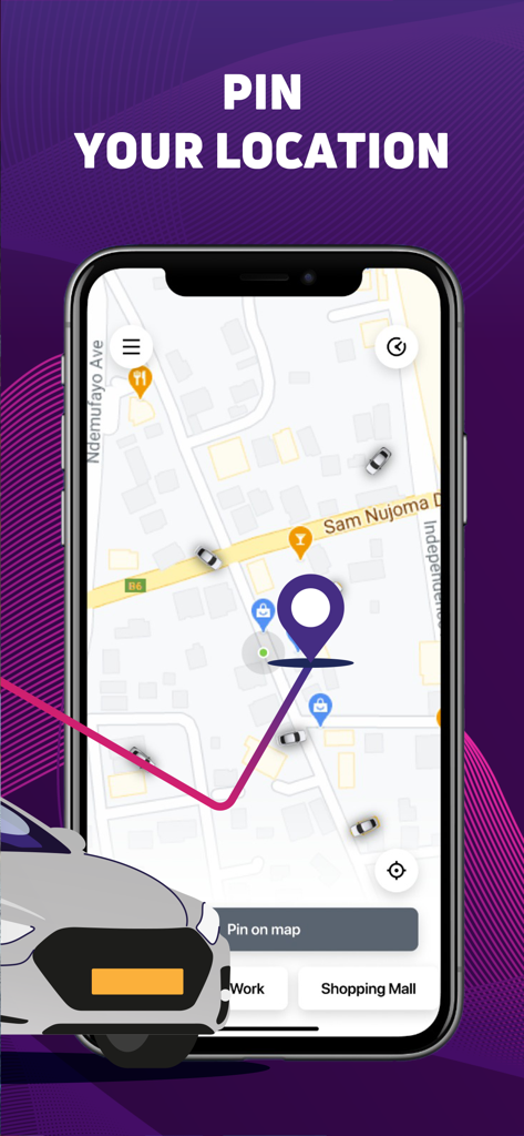 LEFA Namibia - Mobile app interface for LEFA Namibia showing a map with a purple pin to set the pickup location