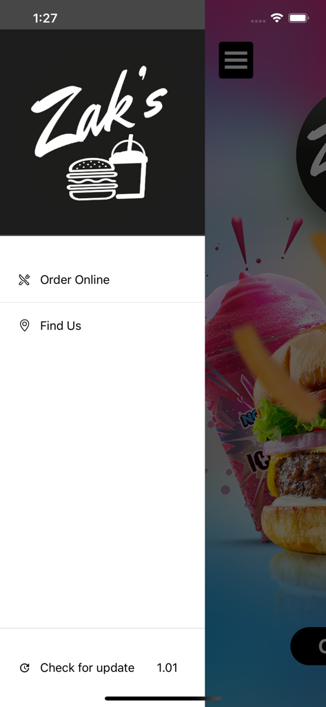 zaks - Side navigation menu of the Zaks mobile app showing options for Order Online and Find Us