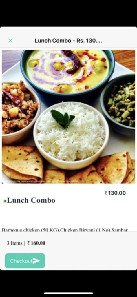 waWha - Captura de tela do aplicativo waWha exibindo um combo de almoço com arroz e vários pratos para pedidos em refeitórios de escritório.