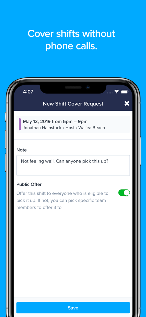 ZoomShift Employee Scheduling - Interfaz de la aplicación móvil ZoomShift que muestra una pantalla de solicitud de cobertura de turno para que un empleado deje un turno.