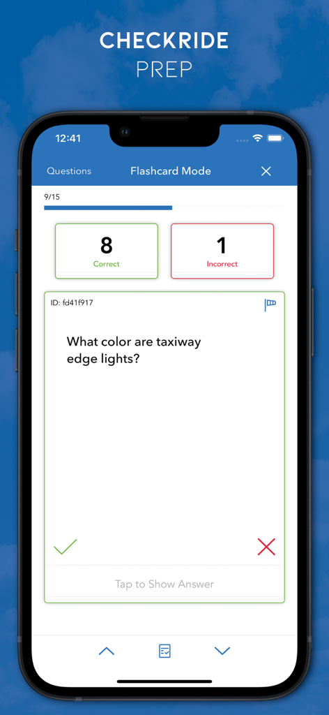 A pilot training app interface showing a checkride prep flashcard with the question what color are taxiway edge lights