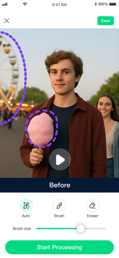 Ai Video Editor & Generator - Interfaz móvil de un editor de video con IA que muestra a un usuario seleccionando objetos como algodón de azúcar para eliminar de un clip usando la herramienta de pincel.