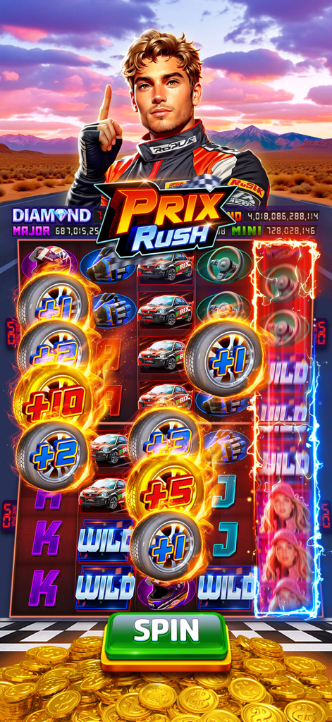 Golden Casino - Slots Games - Prix Rush Rennsport-Spielautomat mit Bonusreifen und Goldmünzen