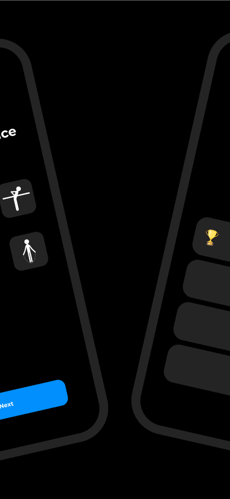 Rep counter, Jump counter - Uma maquete mostrando as telas de seleção de treino e conquistas do aplicativo Contador de Repetições e Contador de Saltos com ícones para puxadas e pular corda.