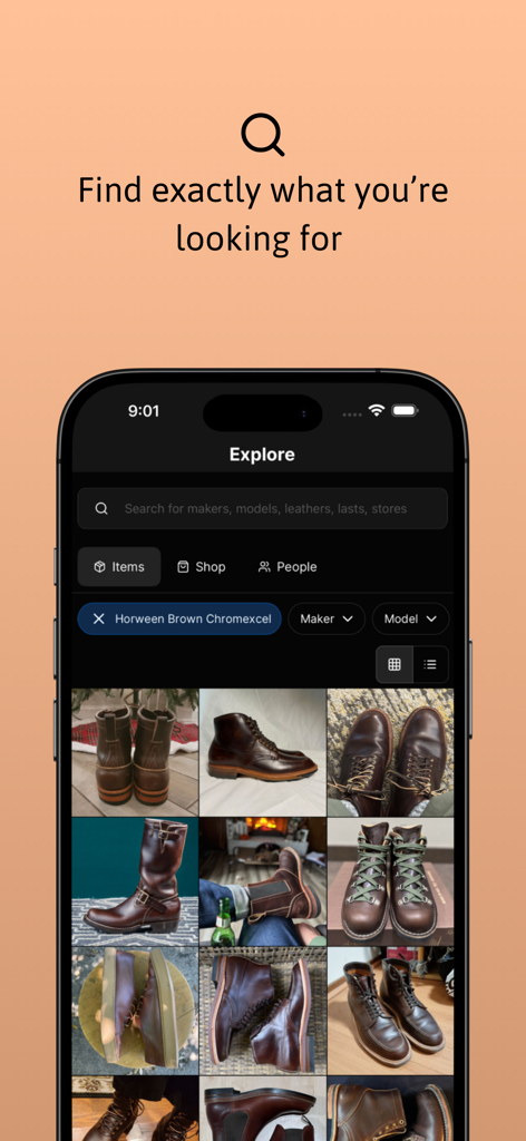 Search results for leather boots in the Patina Project app showing a variety of aged footwear styles.