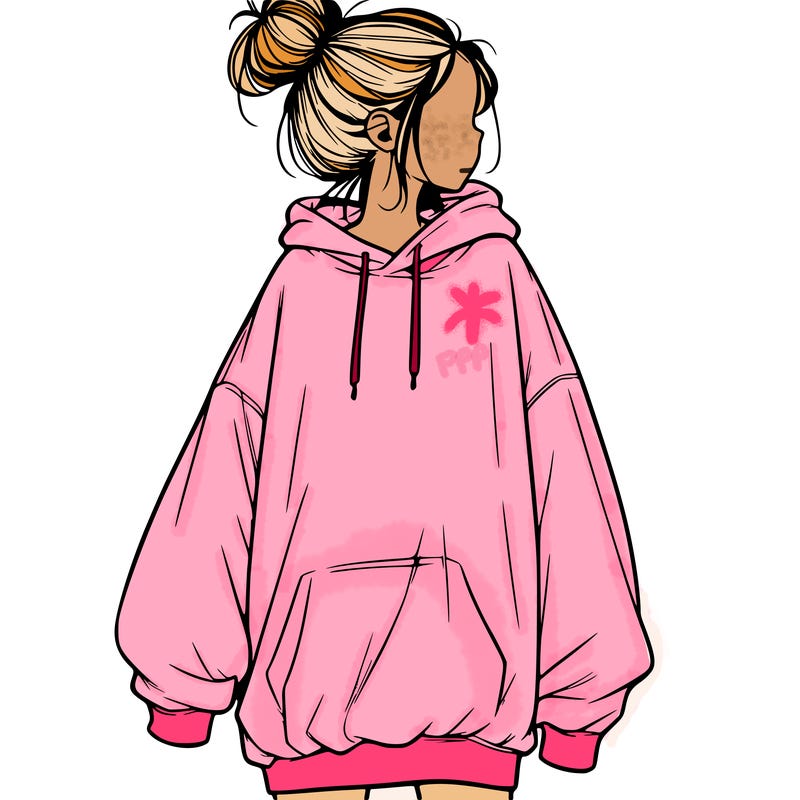 realistic girl with a oversized sweatshirt on and a bun