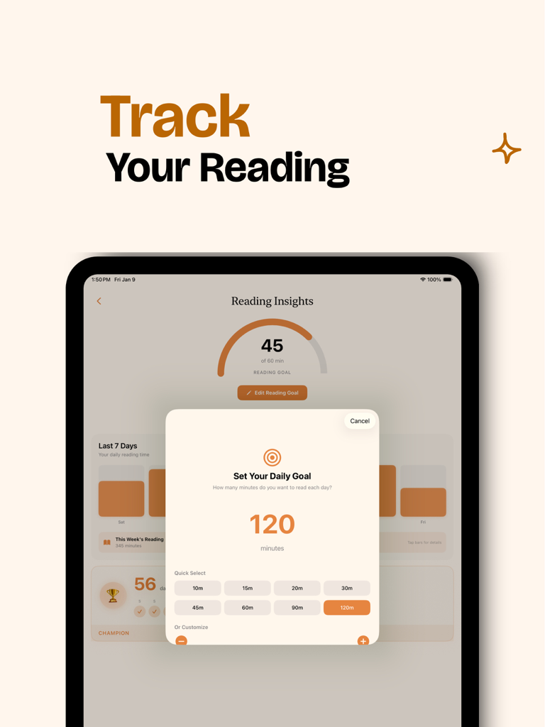 Fulora: Reader & Book Tracker - Fulora reading tracker app interface showing daily goal setting and reading insights on iPad