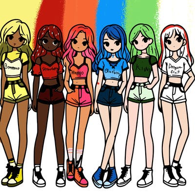 a group of girls wearing crop tops and shorts